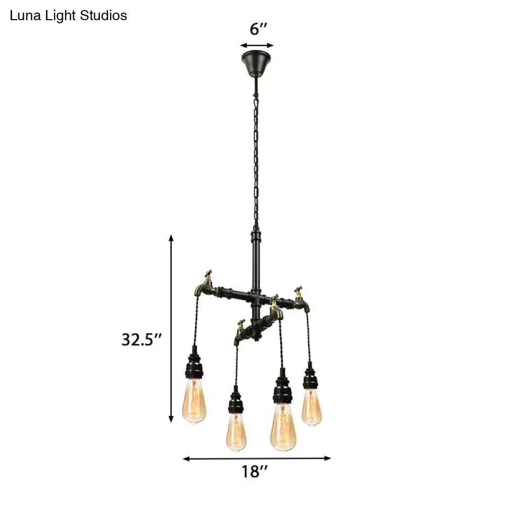 Farmhouse Style Indoor Ceiling Lamp: Metallic Pipe With Faucet Design 4 Bulbs Black Hanging