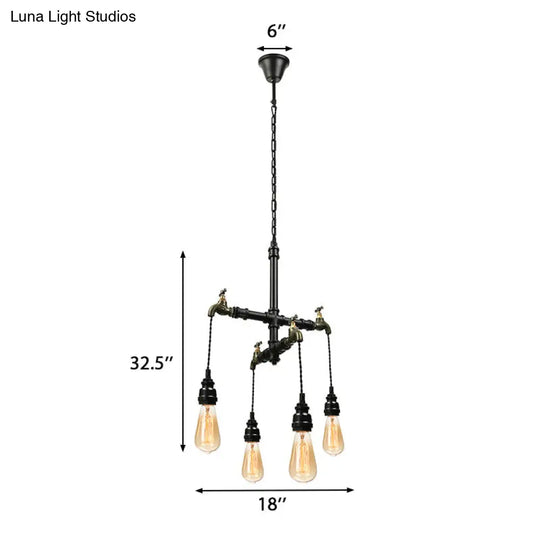 Farmhouse Style Indoor Ceiling Lamp: Metallic Pipe With Faucet Design 4 Bulbs Black Hanging