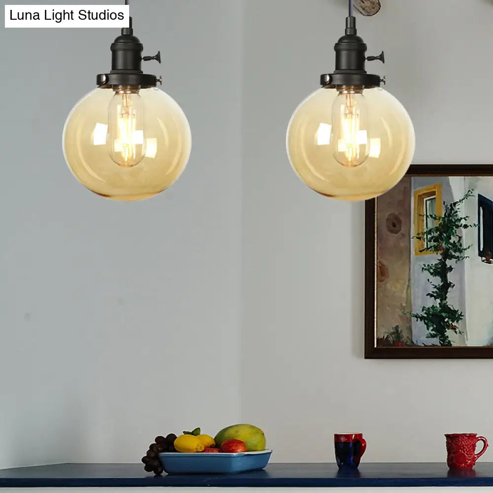 Farmhouse Hanging Pendant Light With Adjustable Cord And Amber/Clear Glass In Black/Bronze/Brass