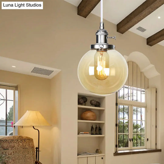 Farmhouse Orbit Pendant Light With Amber/Clear Glass And Adjustable Cord In 3 Elegant Finish Options