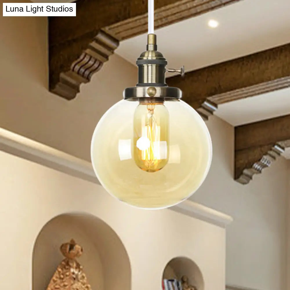 Farmhouse Hanging Pendant Light With Adjustable Cord And Amber/Clear Glass In Black/Bronze/Brass