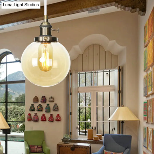 Farmhouse Hanging Pendant Light With Adjustable Cord And Amber/Clear Glass In Black/Bronze/Brass