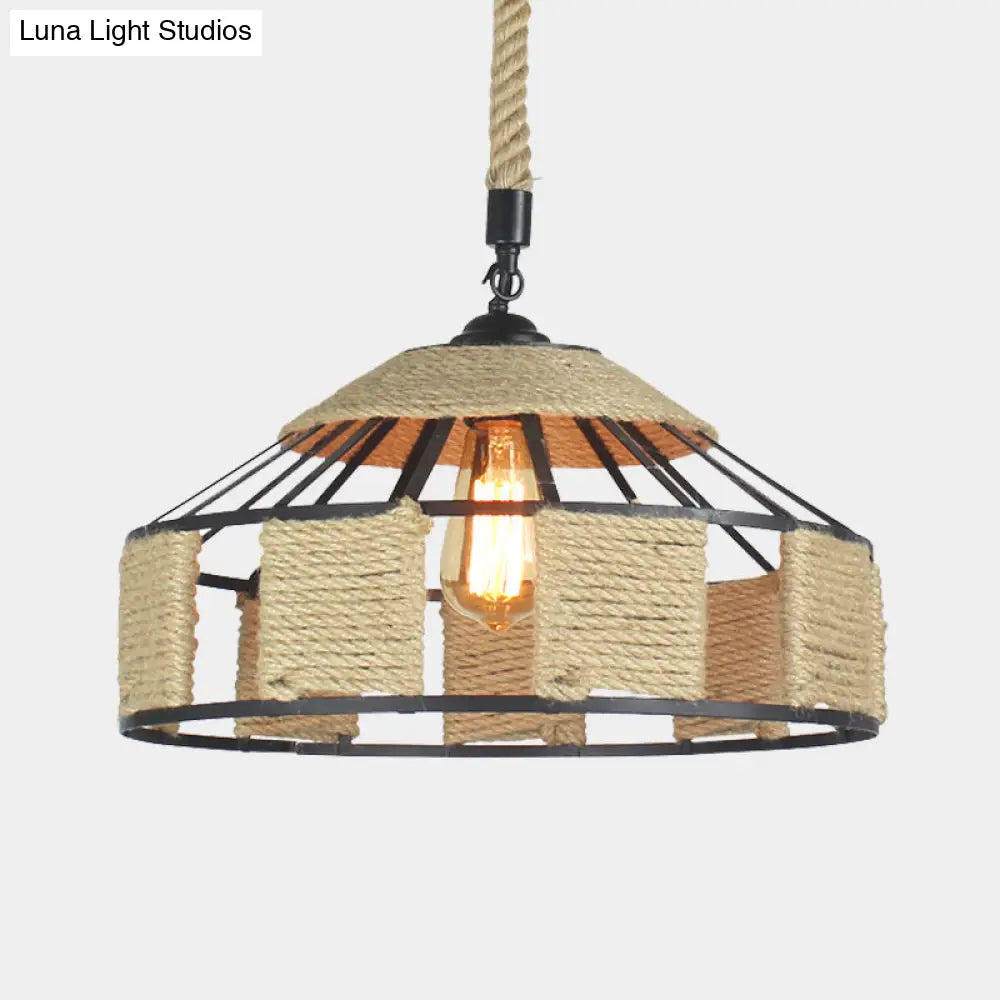 Farmhouse Pendant Ceiling Lamp - Beige Rope Hanging Light Kit For Mongolian Yurts With Knots Cord