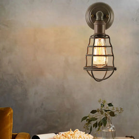 Farmhouse Rust Finish Mini Wall Lamp With Cage Shade - Antique Style Iron 1-Light Mount Lighting