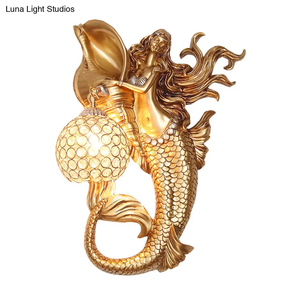 Farmhouse Sconce Light With Clear Beveled Crystal And Mermaid Design In Blue/Gold - Wall Mounted