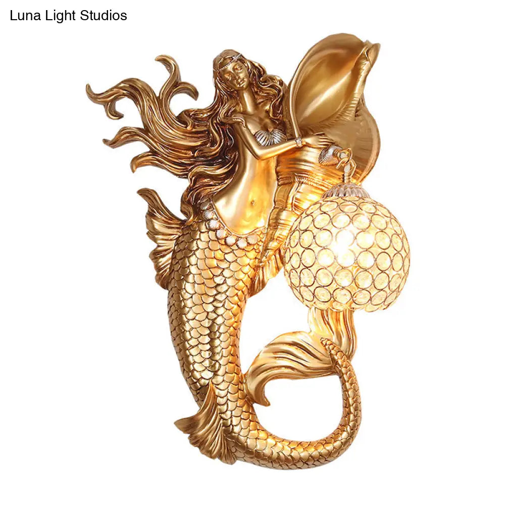 Farmhouse Sconce Light With Clear Beveled Crystal And Mermaid Design In Blue/Gold - Wall Mounted