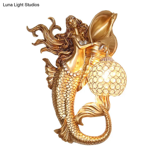 Farmhouse Sconce Light With Clear Beveled Crystal And Mermaid Design In Blue/Gold - Wall Mounted
