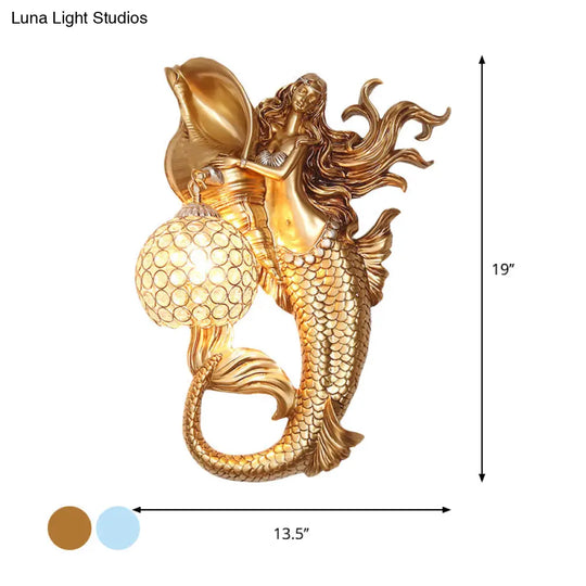 Farmhouse Sconce Light With Clear Beveled Crystal And Mermaid Design In Blue/Gold - Wall Mounted