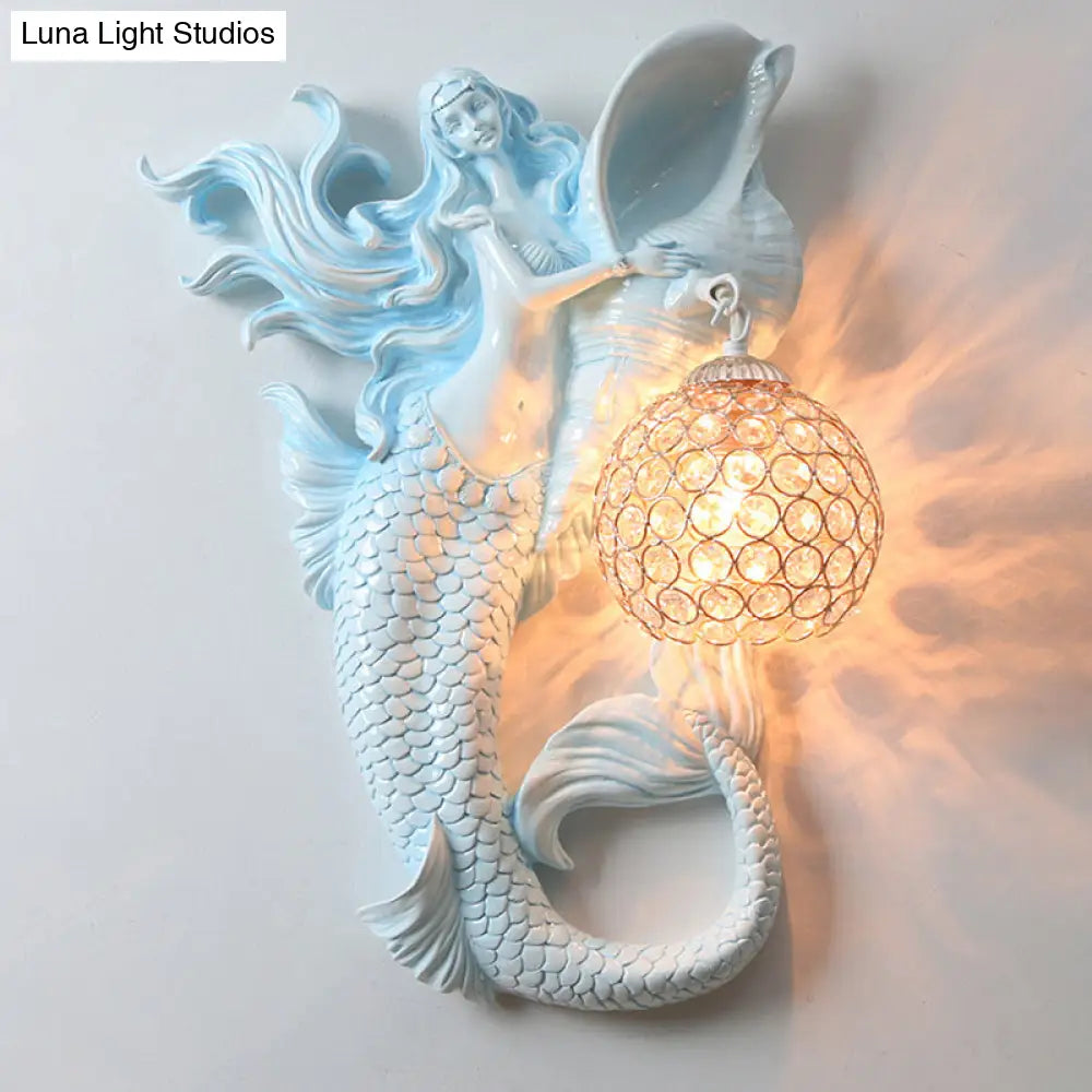Farmhouse Sconce Light With Clear Beveled Crystal And Mermaid Design In Blue/Gold - Wall Mounted
