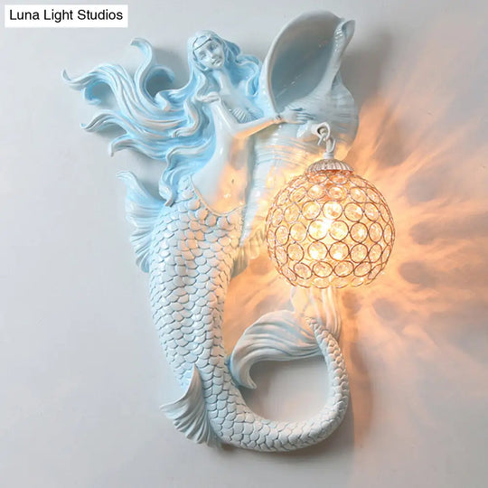 Farmhouse Sconce Light With Clear Beveled Crystal And Mermaid Design In Blue/Gold - Wall Mounted