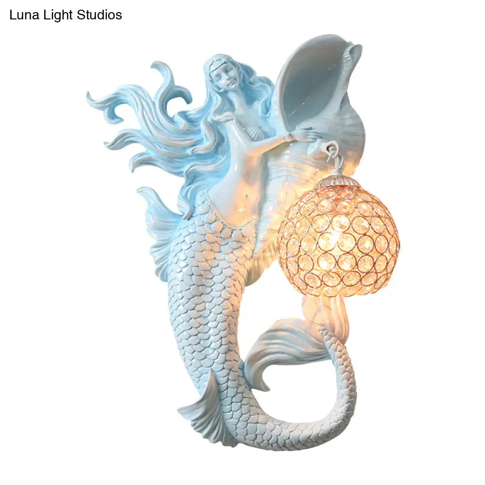 Farmhouse Sconce Light With Clear Beveled Crystal And Mermaid Design In Blue/Gold - Wall Mounted