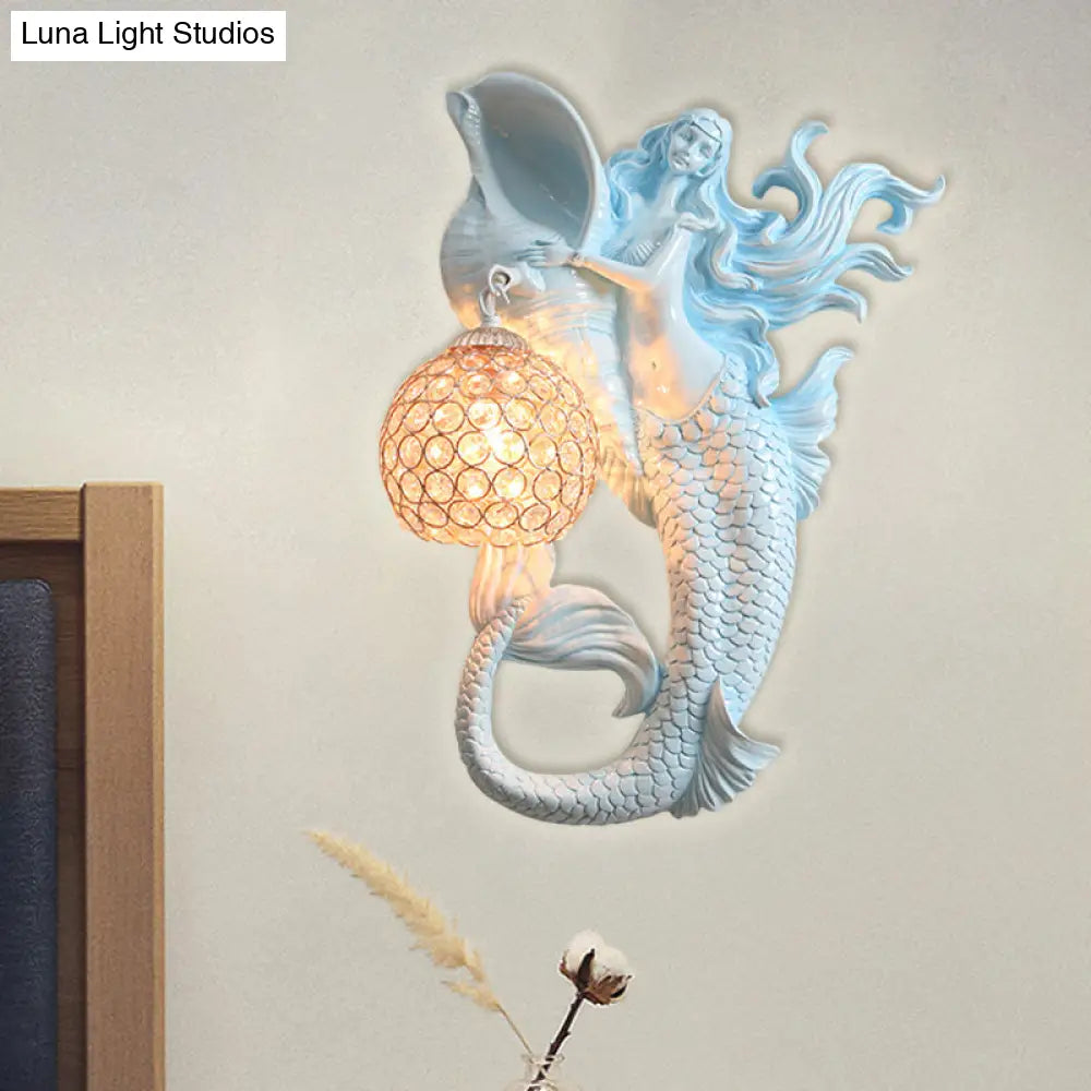 Farmhouse Sconce Light With Clear Beveled Crystal And Mermaid Design In Blue/Gold - Wall Mounted