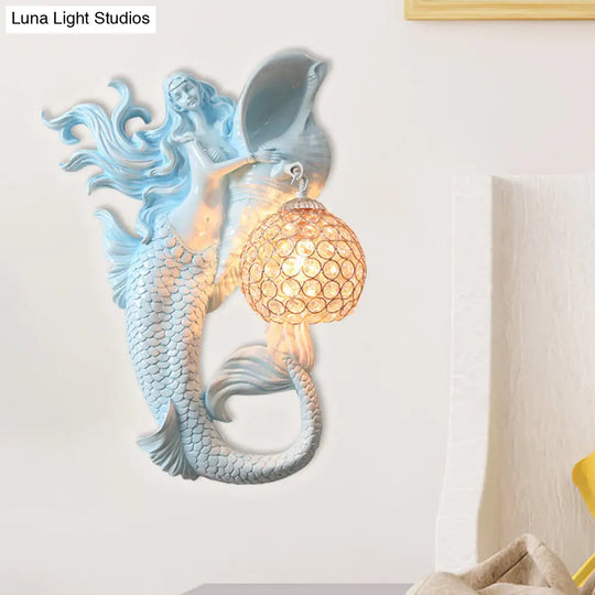 Farmhouse Sconce Light With Clear Beveled Crystal And Mermaid Design In Blue/Gold - Wall Mounted