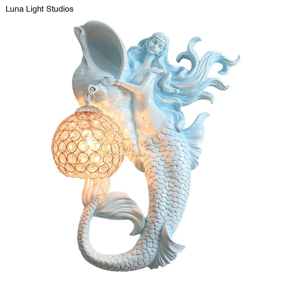 Farmhouse Sconce Light With Clear Beveled Crystal And Mermaid Design In Blue/Gold - Wall Mounted