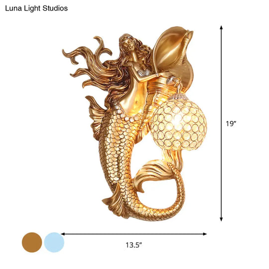 Farmhouse Sconce Light With Clear Beveled Crystal And Mermaid Design In Blue/Gold - Wall Mounted