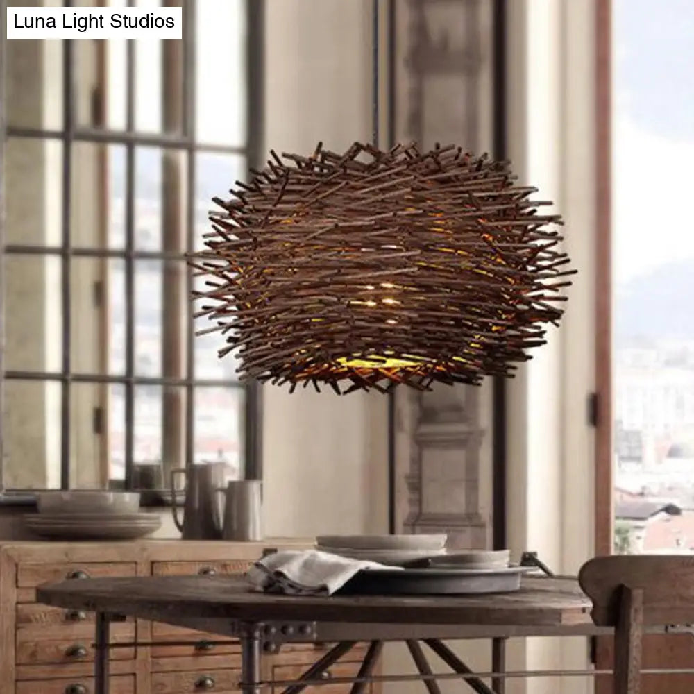 Farmhouse Single Light Luminaire: Rustic Wood Bird Nest Hanging In Brown/Wood For Cafes &
