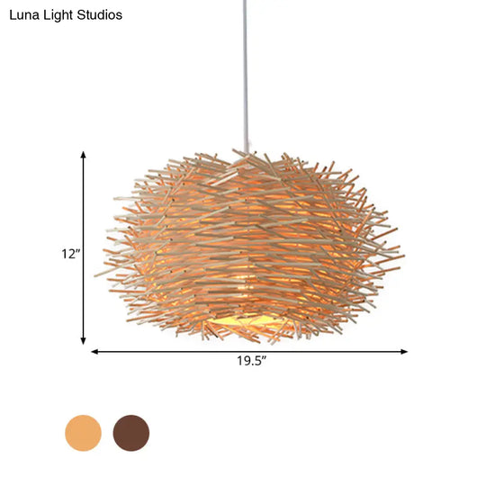 Farmhouse Single Light Luminaire: Rustic Wood Bird Nest Hanging In Brown/Wood For Cafes &