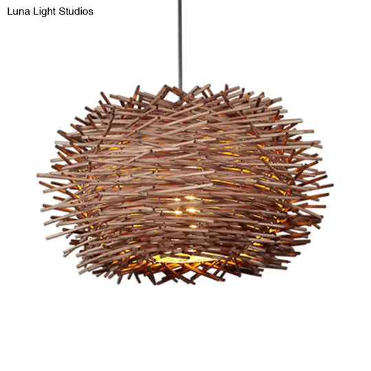 Farmhouse Single Light Luminaire: Rustic Wood Bird Nest Hanging In Brown/Wood For Cafes &