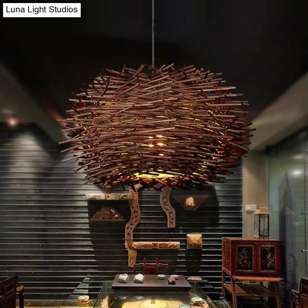 Farmhouse Single Light Luminaire: Rustic Wood Bird Nest Hanging In Brown/Wood For Cafes &