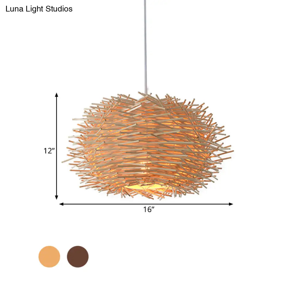 Farmhouse Single Light Luminaire: Rustic Wood Bird Nest Hanging In Brown/Wood For Cafes &