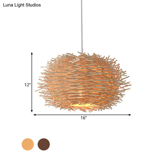 Farmhouse Single Light Luminaire: Rustic Wood Bird Nest Hanging In Brown/Wood For Cafes &