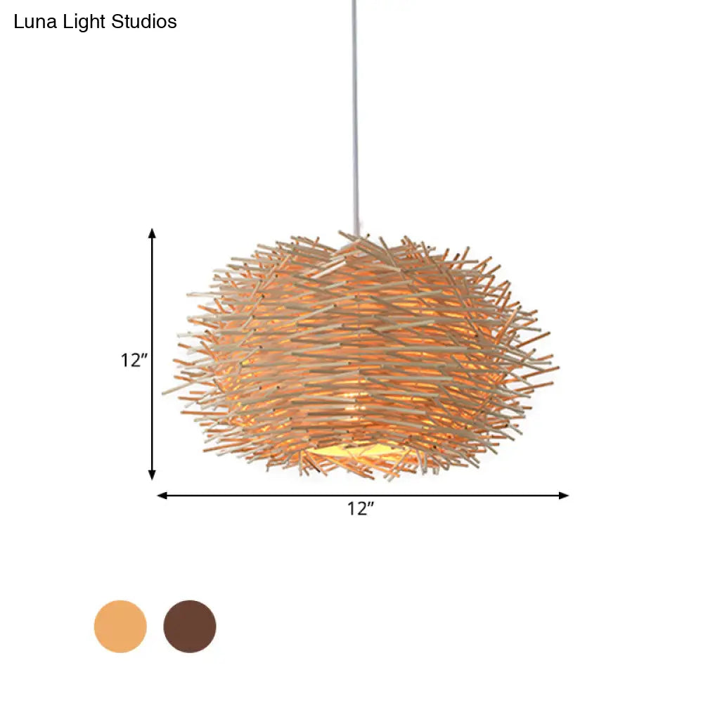Farmhouse Single Light Luminaire: Rustic Wood Bird Nest Hanging In Brown/Wood For Cafes &