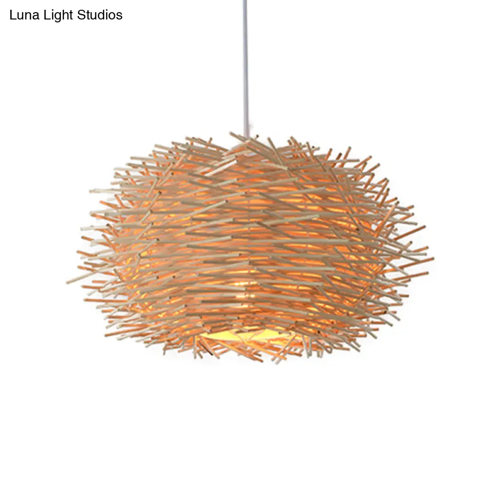 Farmhouse Single Light Luminaire: Rustic Wood Bird Nest Hanging In Brown/Wood For Cafes &