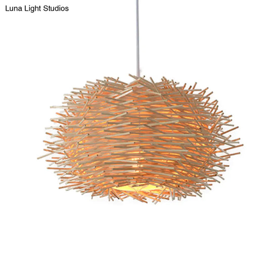 Farmhouse Single Light Luminaire: Rustic Wood Bird Nest Hanging In Brown/Wood For Cafes &