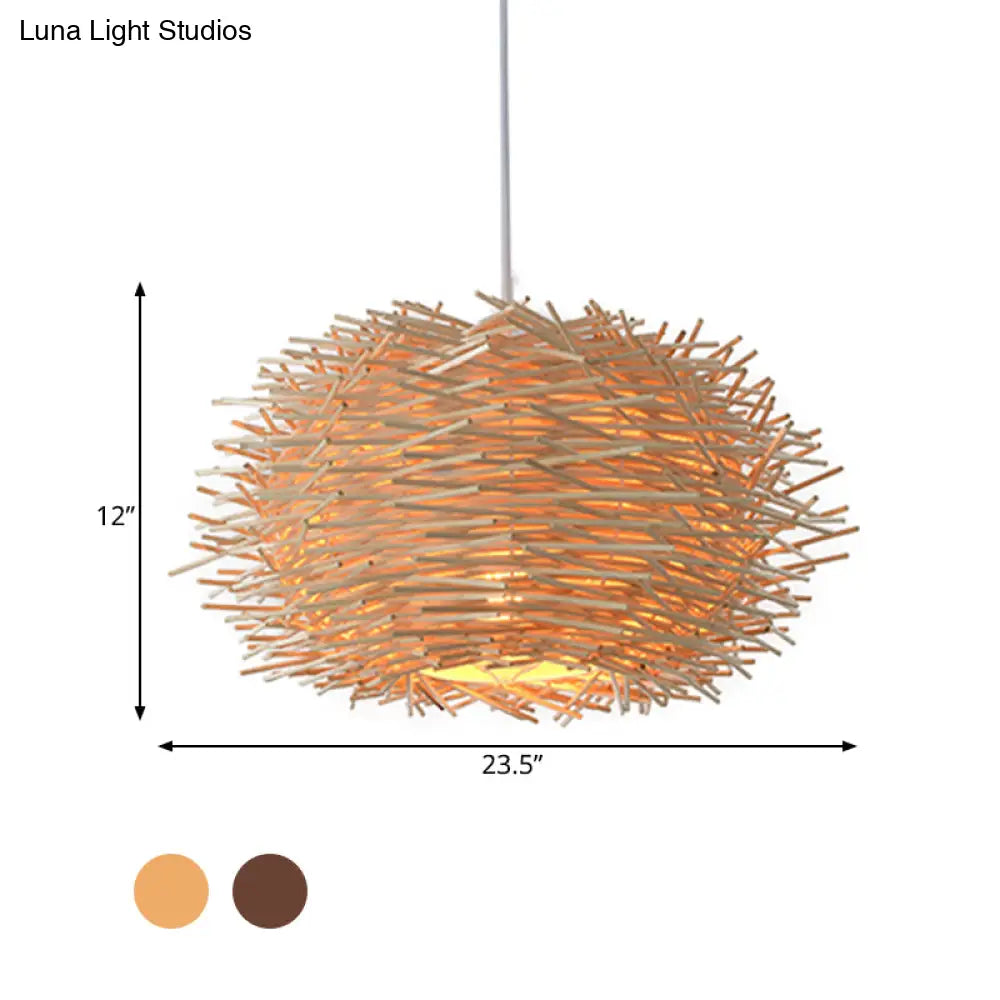Farmhouse Single Light Luminaire: Rustic Wood Bird Nest Hanging In Brown/Wood For Cafes &