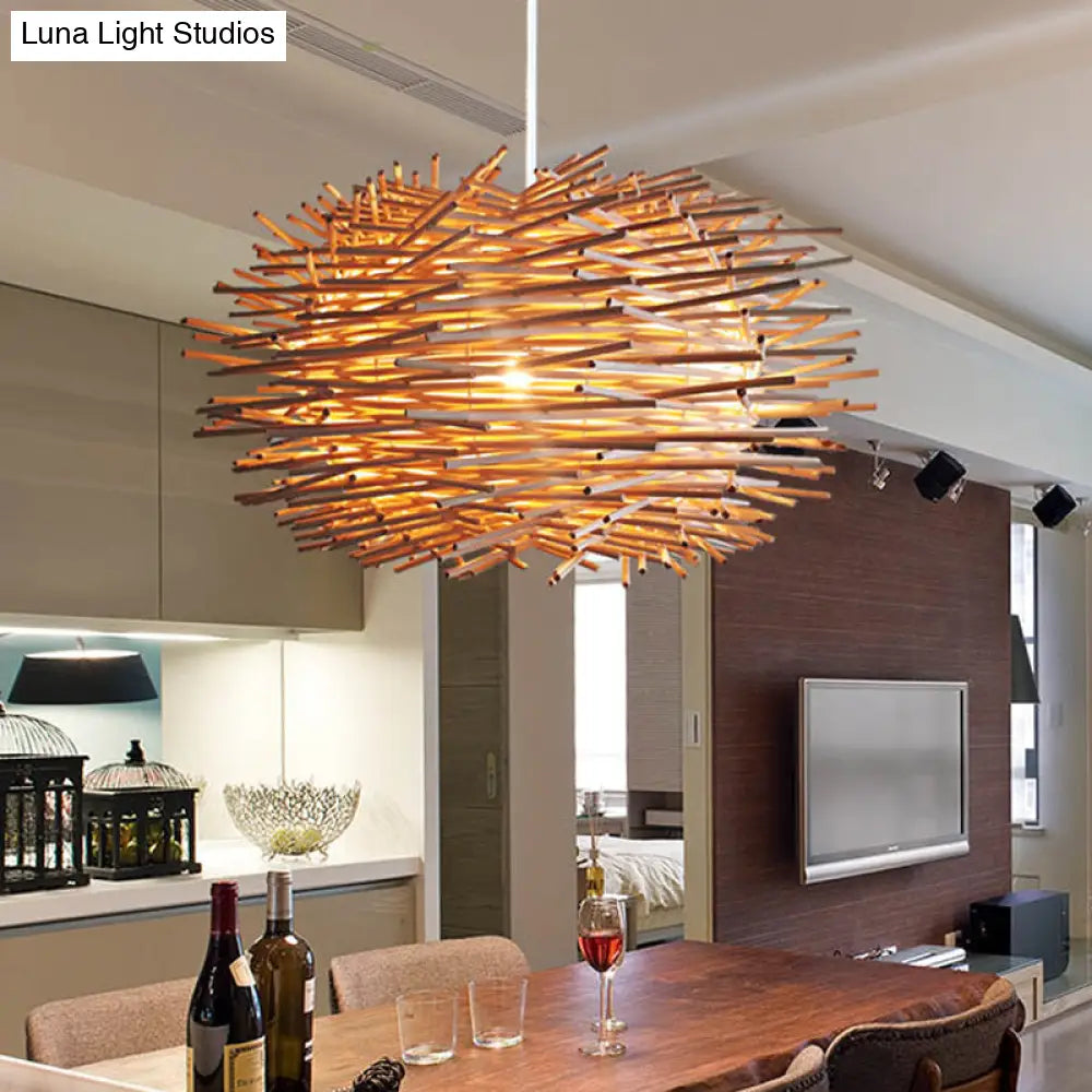 Farmhouse Single Light Luminaire: Rustic Wood Bird Nest Hanging In Brown/Wood For Cafes &