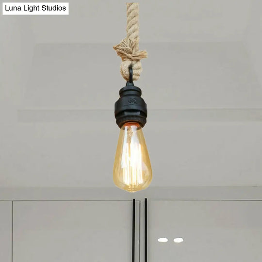 Farmhouse Style Black Finish Pendant Lighting - Metal And Rope Accentuates Exposed Bulb