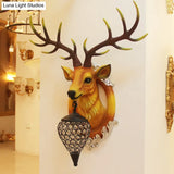 Farmhouse Style Brown Faux Deer Head Sconce Lamp - 16/21 Wide Wall Mounted With Crystal Shade