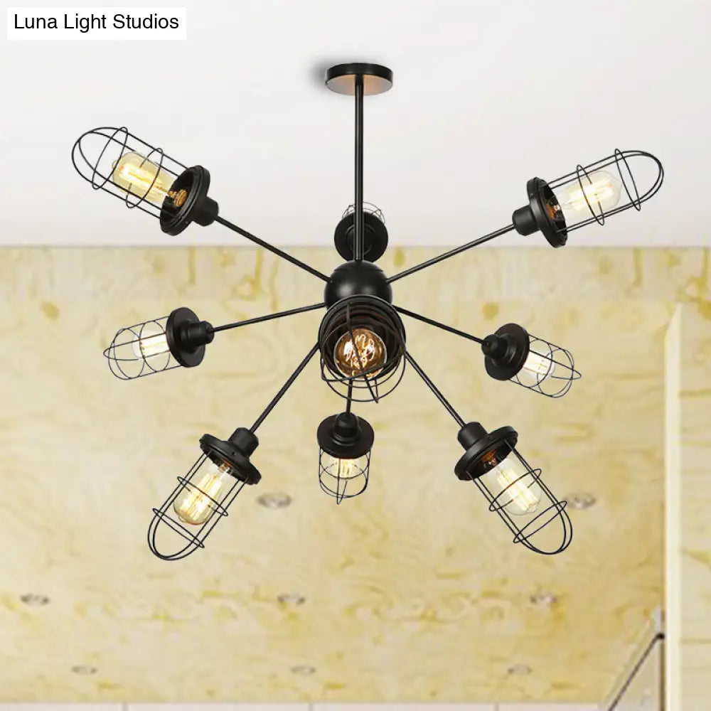 Caged Iron Chandelier - Farmhouse Style Ceiling Lamp Black Finish With Sputnik Design 9/12/15 Lights