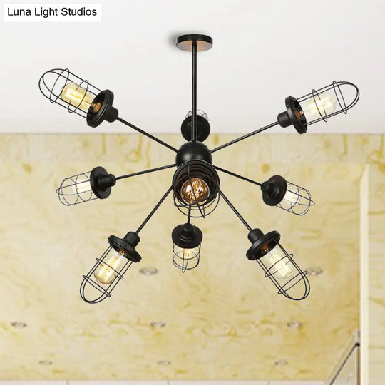 Caged Iron Chandelier - Farmhouse Style Ceiling Lamp Black Finish With Sputnik Design 9/12/15 Lights