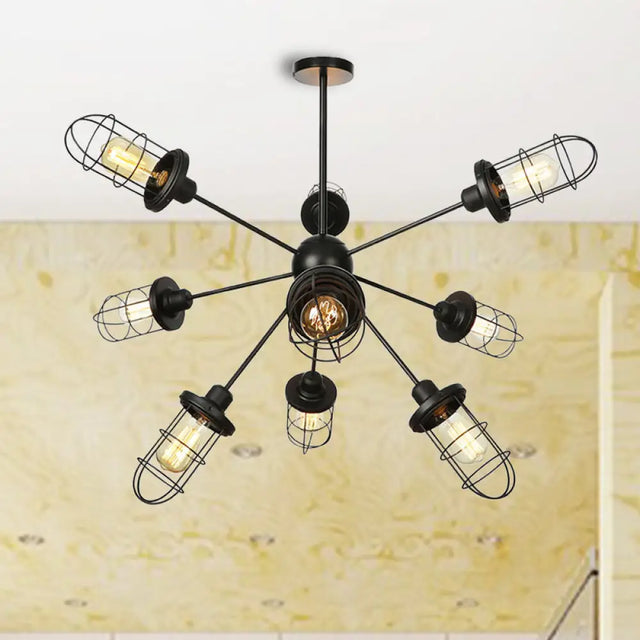 Farmhouse Style Iron Caged Chandelier - 9/12/15 Lights Sputnik Design Black Finish 9 /