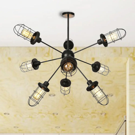 Farmhouse Style Iron Caged Chandelier - 9/12/15 Lights Sputnik Design Black Finish 9 /