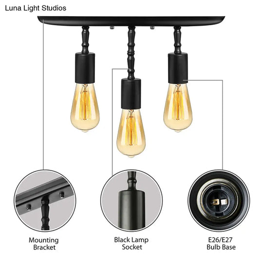 Farmhouse Style Iron Semi Flush Mount Ceiling Light Fixture - Open Bulb Design 3 Lights Black