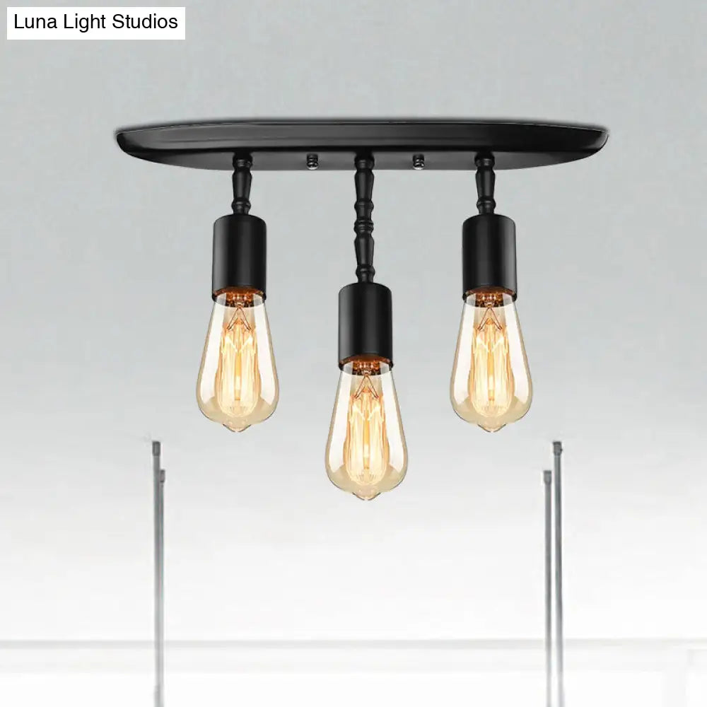 Farmhouse Style Iron Semi Flush Mount Ceiling Light Fixture - Open Bulb Design 3 Lights Black