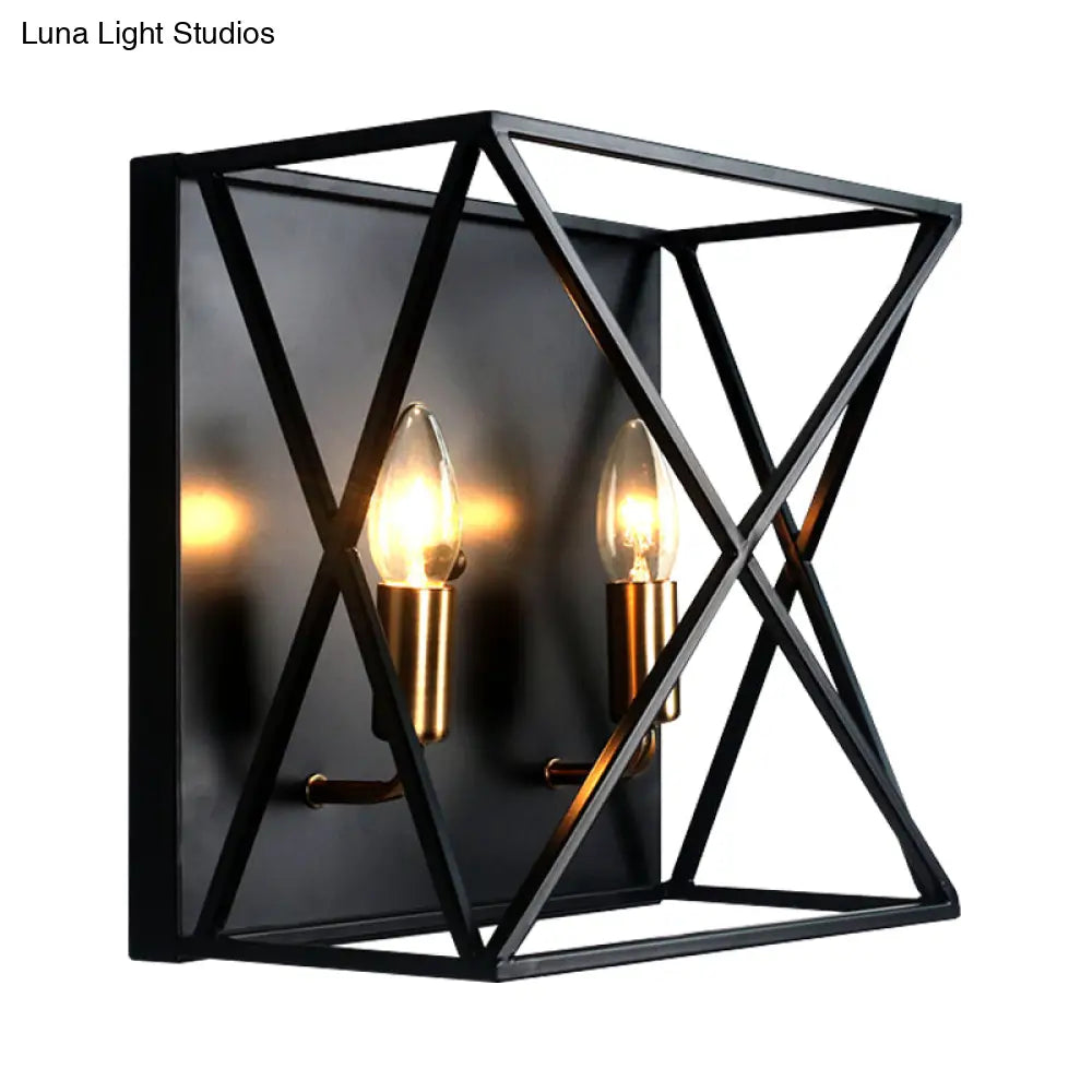 Farmhouse Style Metal Sconce Light Fixture - 2 Bulb Black Finish Wall Lamp With Wire Frame