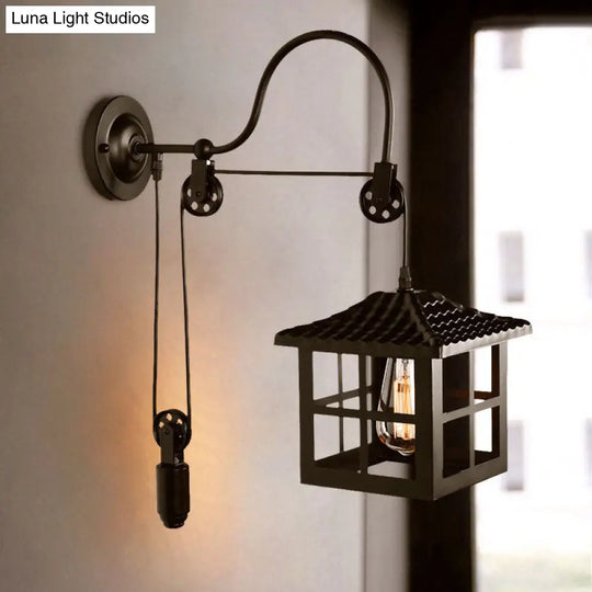 Farmhouse-Style Metal Wall Lamp With Pulley And 1 Light - Square/Rectangle Cage Indoor Décor In