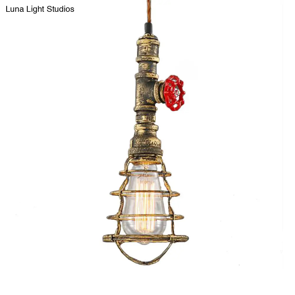 Farmhouse Style Metal Wire Cage Pendant Light With Valve Design In Black/Red Finish - Indoor