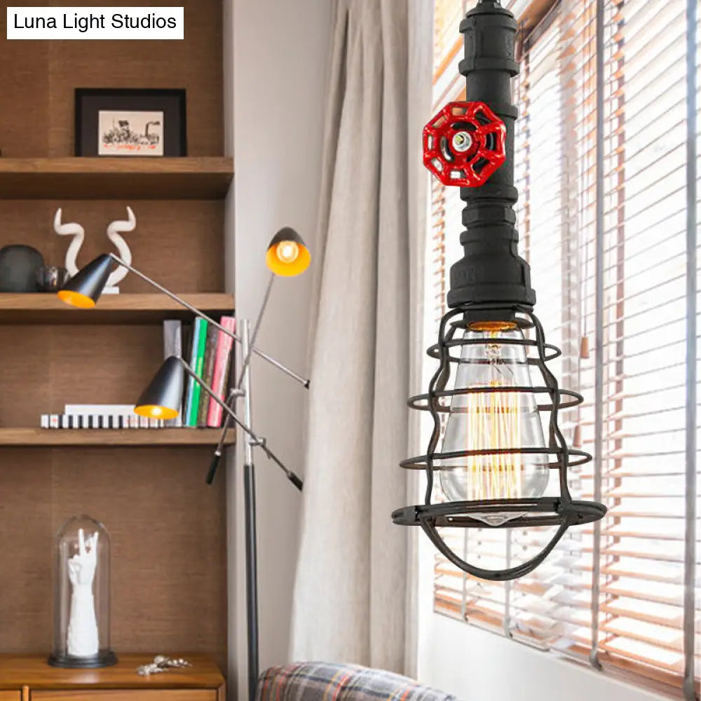 Farmhouse Style Metal Wire Cage Pendant Light With Valve Design - Black/Red Finish Indoor Hanging