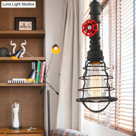 Farmhouse Style Metal Wire Cage Pendant Light With Valve Design - Black/Red Finish Indoor Hanging