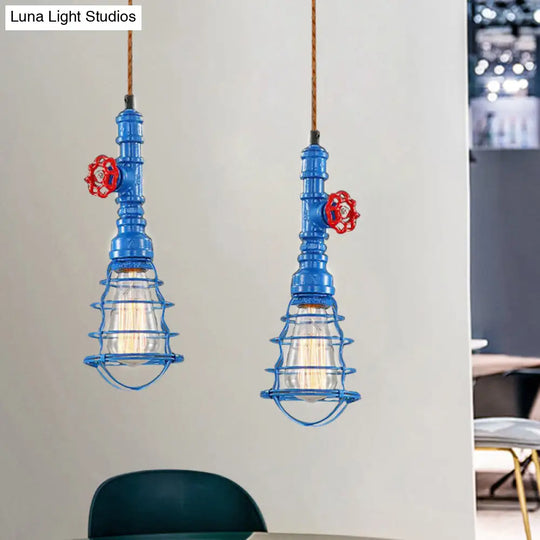 Farmhouse Style Metal Wire Cage Pendant Light With Valve Design - Black/Red Finish Indoor Hanging