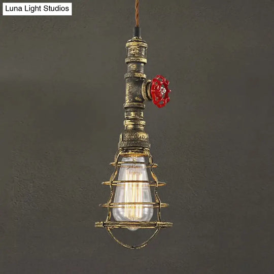Farmhouse Style Metal Wire Cage Pendant Light With Valve Design - Black/Red Finish Indoor Hanging