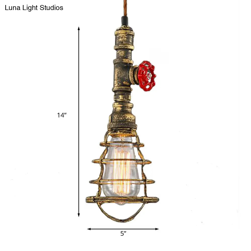 Farmhouse Style Metal Wire Cage Pendant Light With Valve Design - Black/Red Finish Indoor Hanging