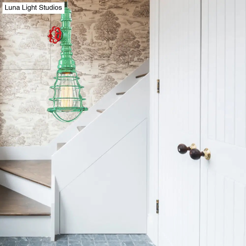 Farmhouse Style Metal Wire Cage Pendant Light With Valve Design - Black/Red Finish Indoor Hanging