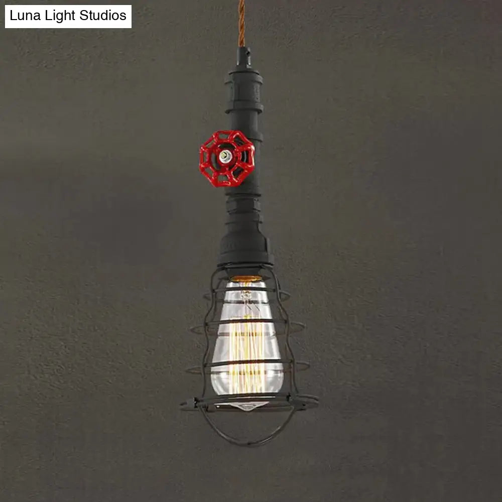 Farmhouse Style Metal Wire Cage Pendant Light With Valve Design In Black/Red Finish - Indoor