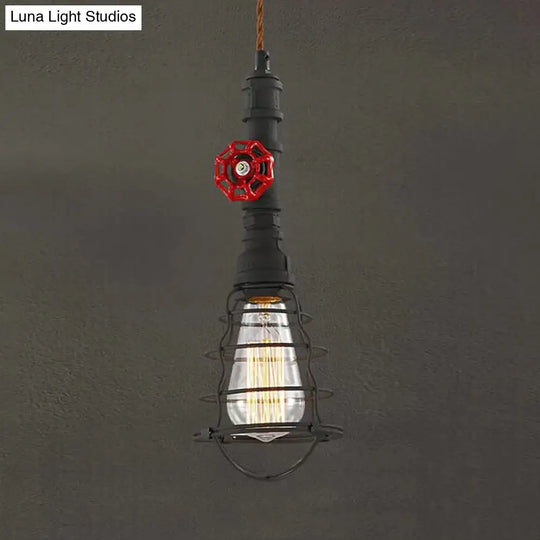 Farmhouse Style Metal Wire Cage Pendant Light With Valve Design In Black/Red Finish - Indoor