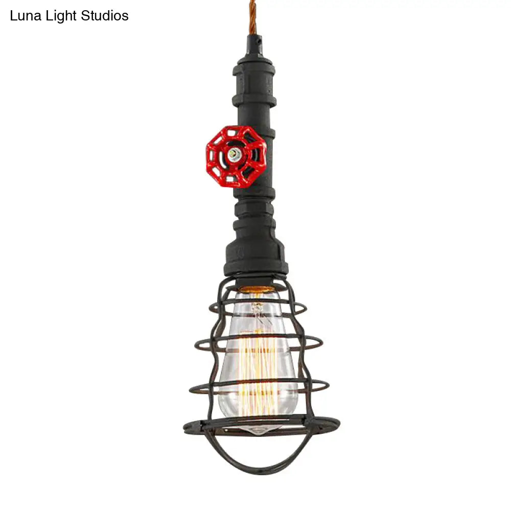 Farmhouse Style Metal Wire Cage Pendant Light With Valve Design In Black/Red Finish - Indoor